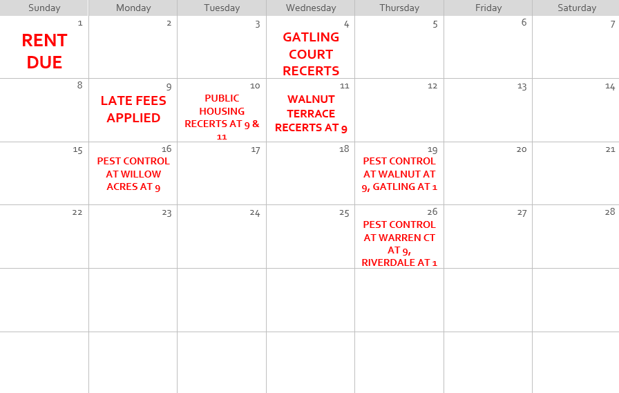 February 2026 calendar with resident information on the 1st, 4th, 9th-11th,16th,19th, and 26th