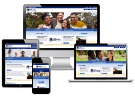 Tablet, smartphone, desktop computer and laptop computer all showing Williamston Housing Authority's new website. 